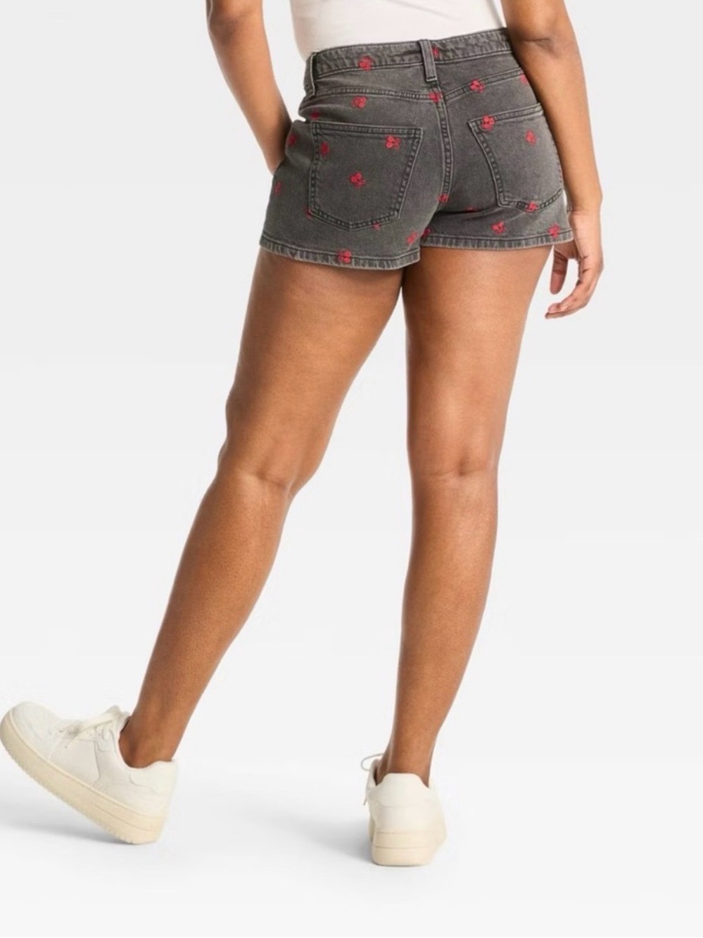 wild fable Black Denim Shorts with Red Cherry Embroidery
